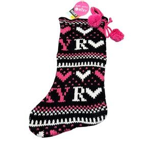 Vintage Roxy Girl Christmas Stocking Black Pink White Knit  Heart Pom‎ Pom NWT